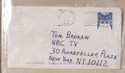 This is an envelope addressed to Tom Brokaw, NBC TV, 30 Rockefeller Plaza, New York, NY 10112